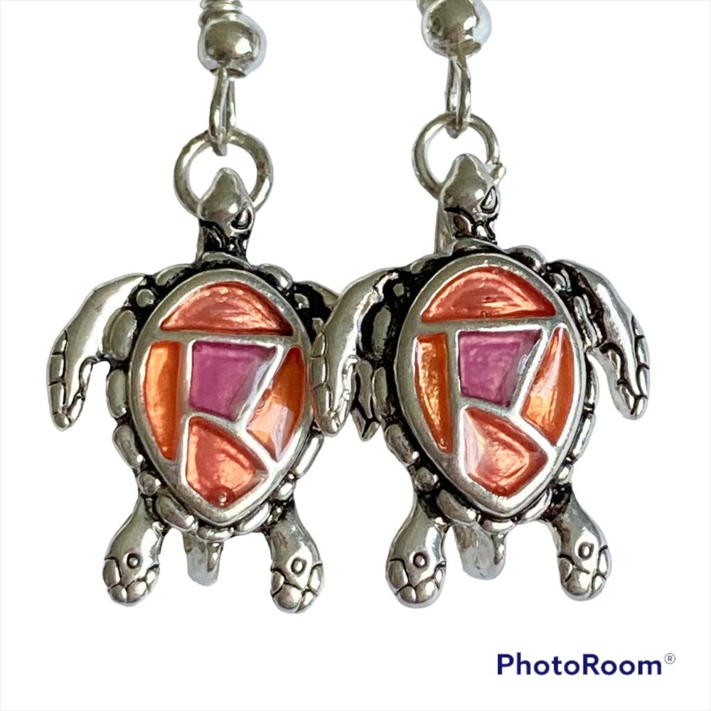 Sea Turtle Earrings Silver Plated Nautical Island Sea Life Pierced Pink Orange